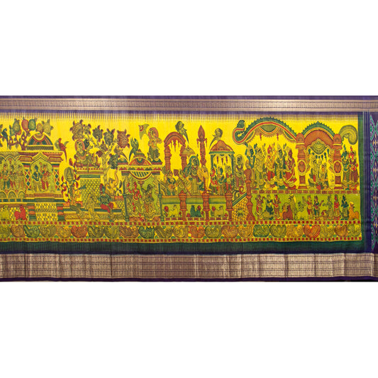 Royal Wedding Themed Handpainted Kalamkari Kanchipuram Silk Saree With Ikkat Pallu For Festive Wear PV KAI IKS 102 - Kalamkari Silk - Panjavarnam PV KAI IKS 102
