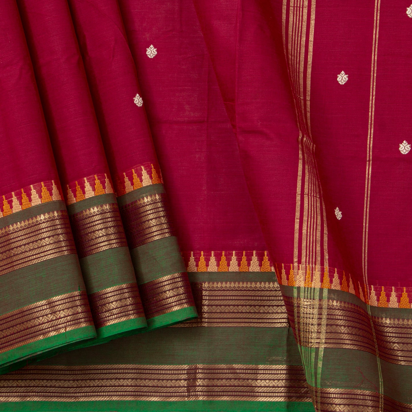 Maroon And Green Kanchi Cotton Saree For Festive Wear PV MM KC 553