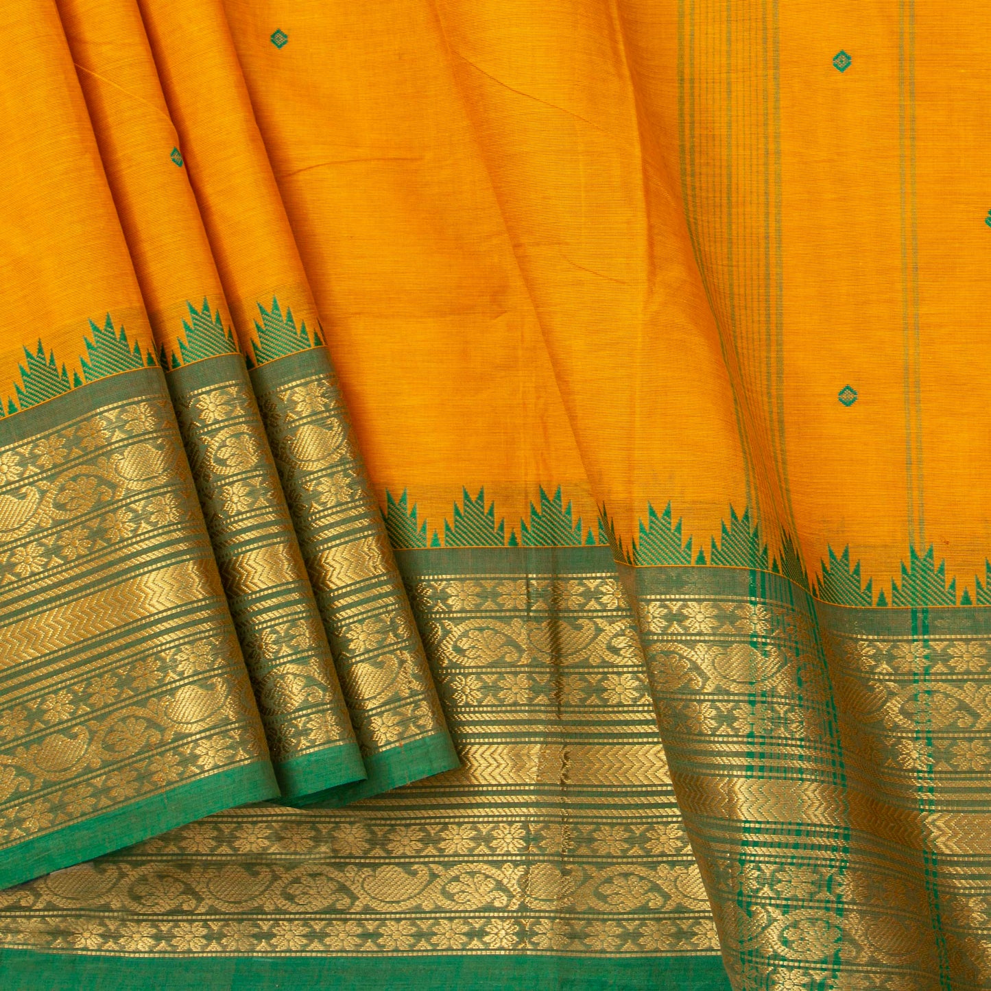 Yellow And Green Kanchi Cotton Saree For Festive Wear PV MM KC 569