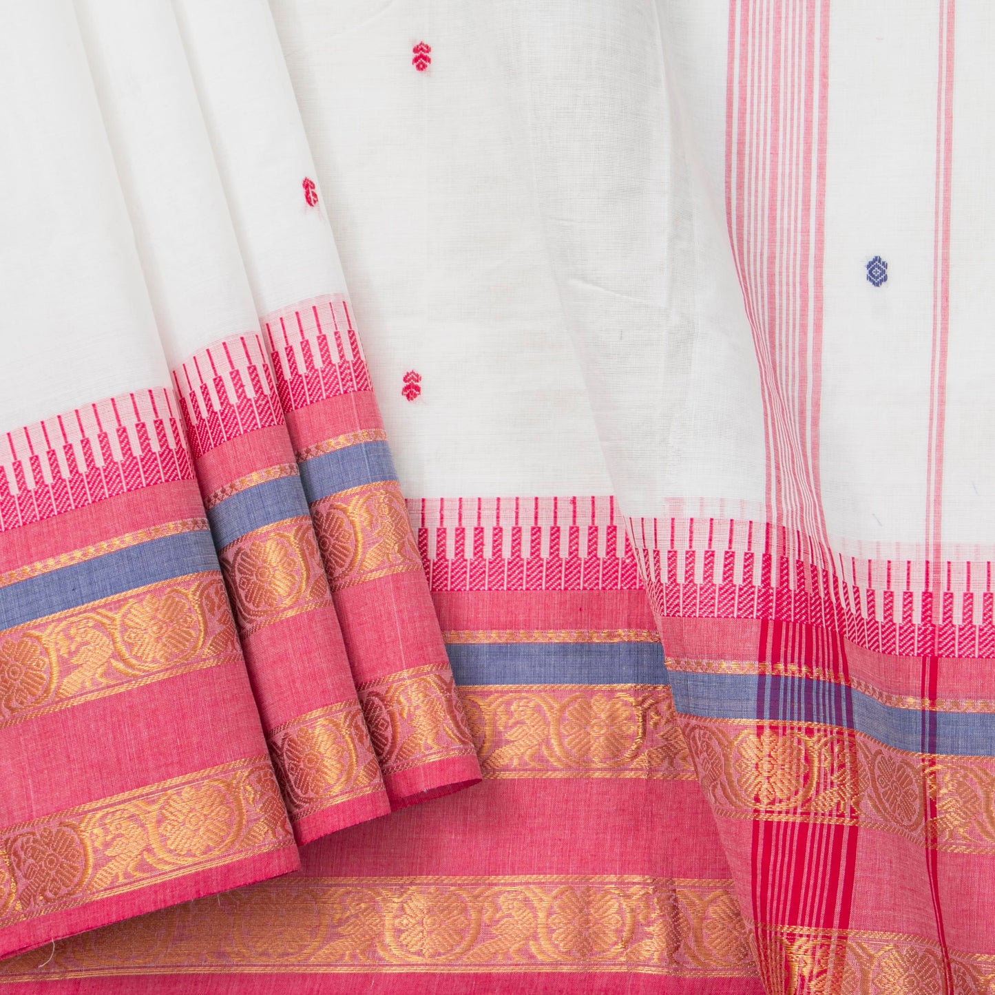 White And Pink Kanchi Cotton Saree For Festive Wear PV MM KC 509
