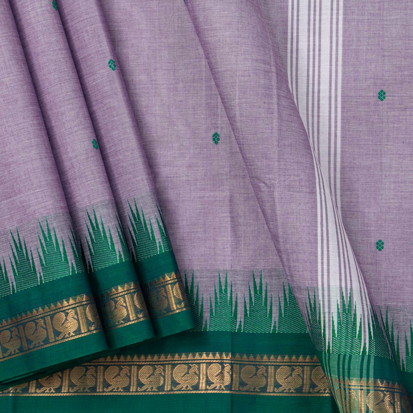 Lilac And Green Kanchi Cotton Saree For Festive Wear PV MM KC 449
