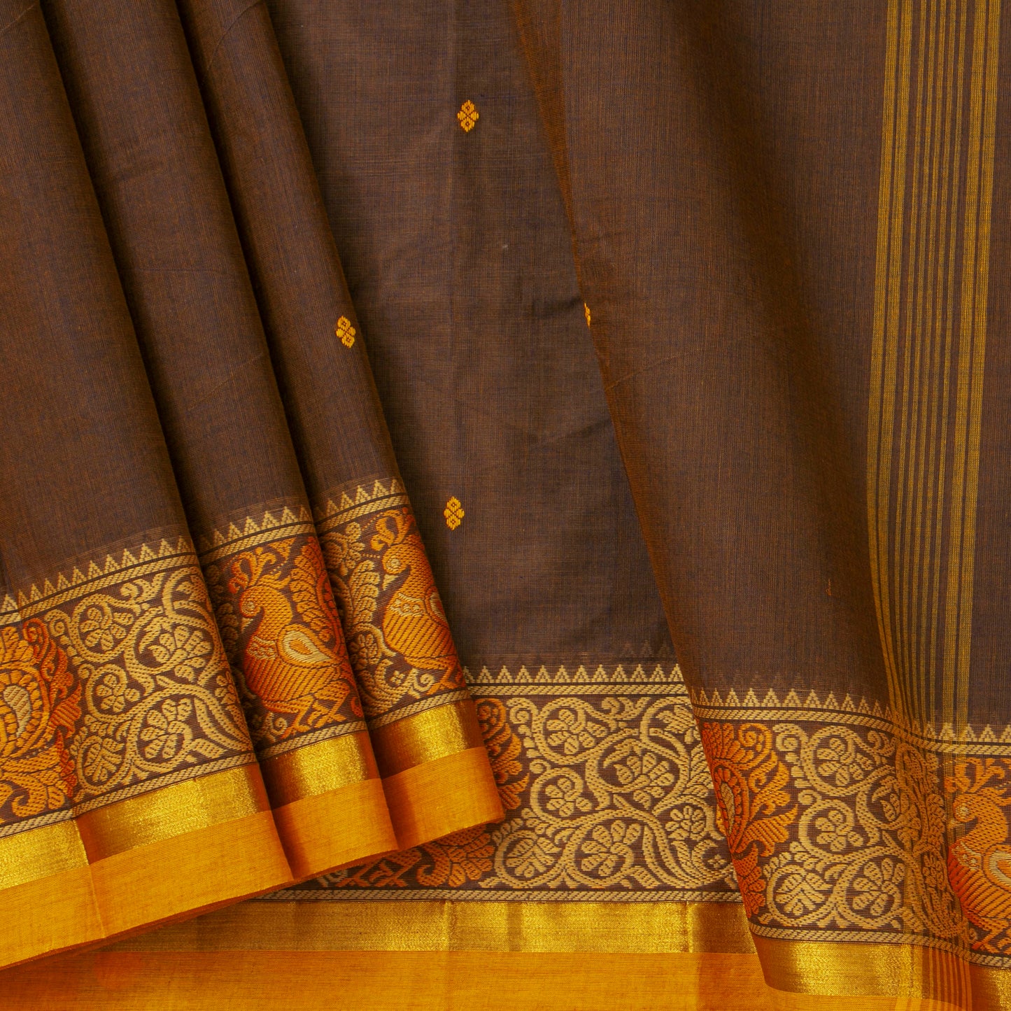 Brown And Mustard Kanchi Cotton Saree For Festive Wear PV MM KC 531