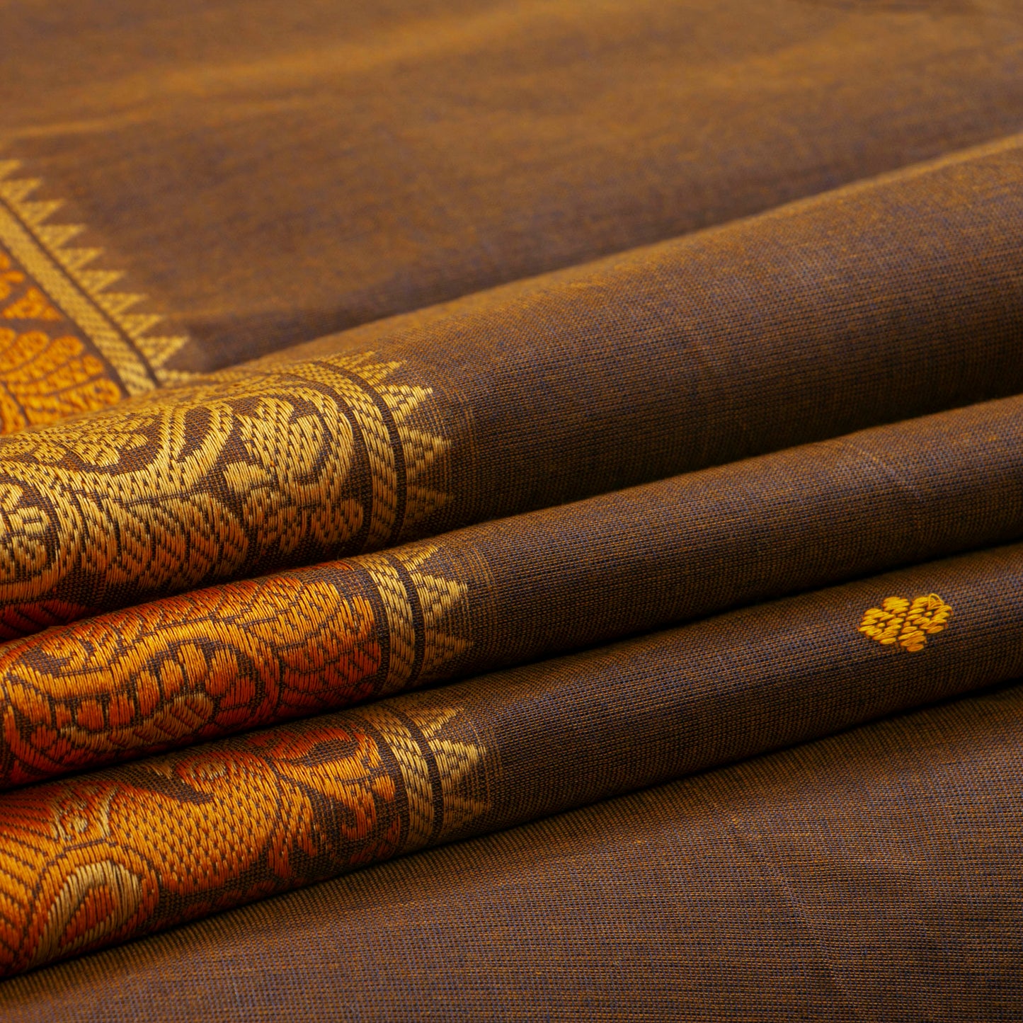 Brown And Mustard Kanchi Cotton Saree For Festive Wear PV MM KC 531