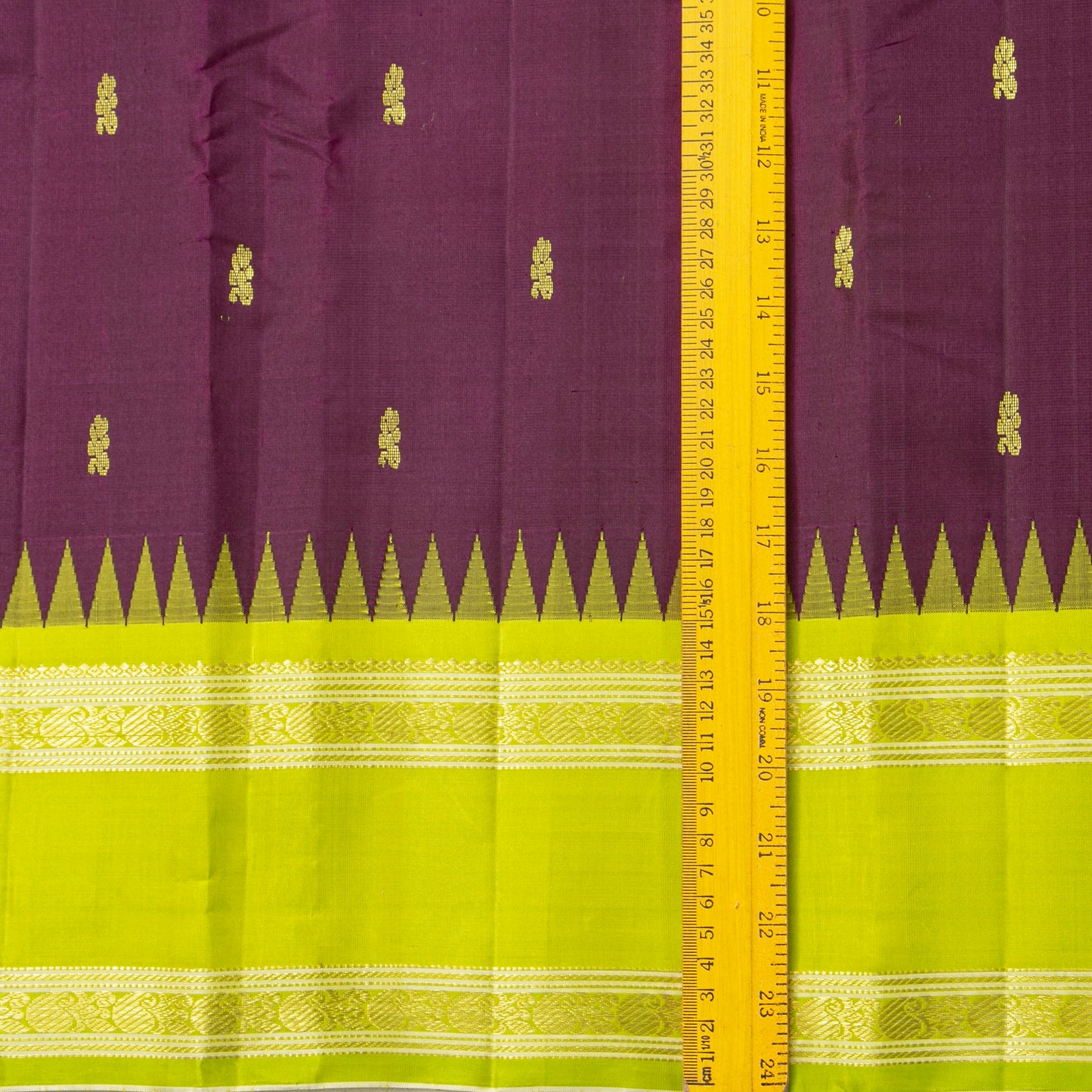 Purple And Lime Green Kanchipuram Silk Saree With Temple Korvai Ganga Jamuna Border For Festive Wear PV KNN 345