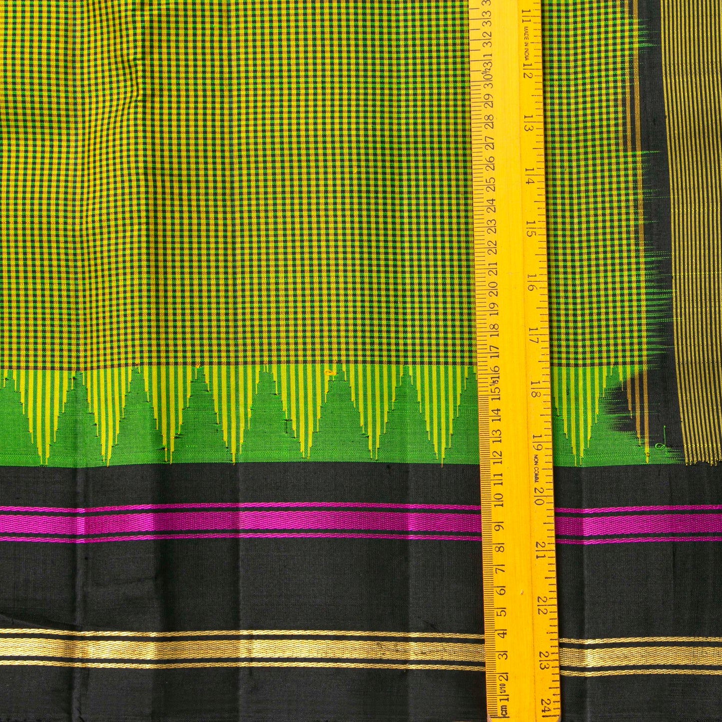 Lime Green And Black Checked Kanchipuram Silk Saree For Office Wear PV KNN 346