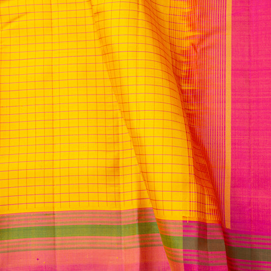 Turmeric Yellow And Pink Kanchipuram Silk Saree With No Zari For Office Wear PV KNN 321