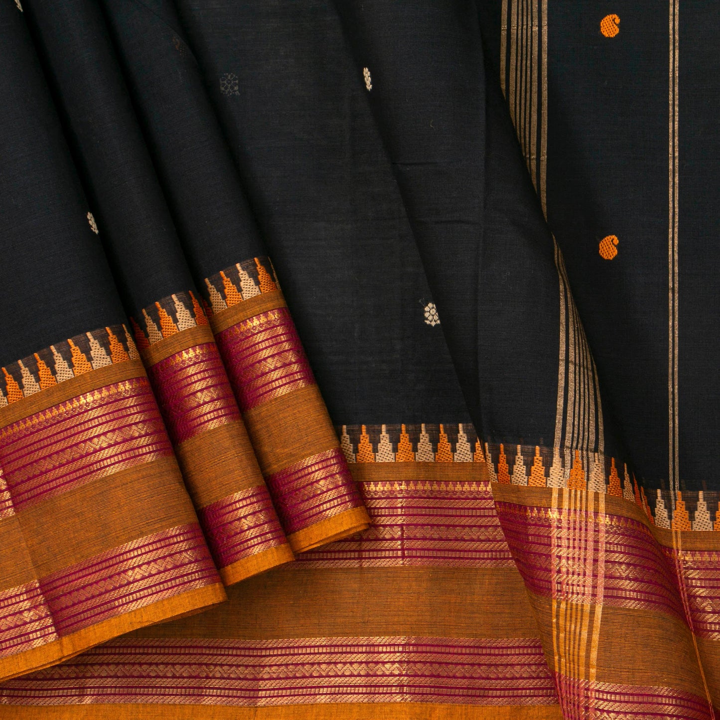 Black And Mustard Kanchi Cotton Saree For Festive Wear PV MM KC 587