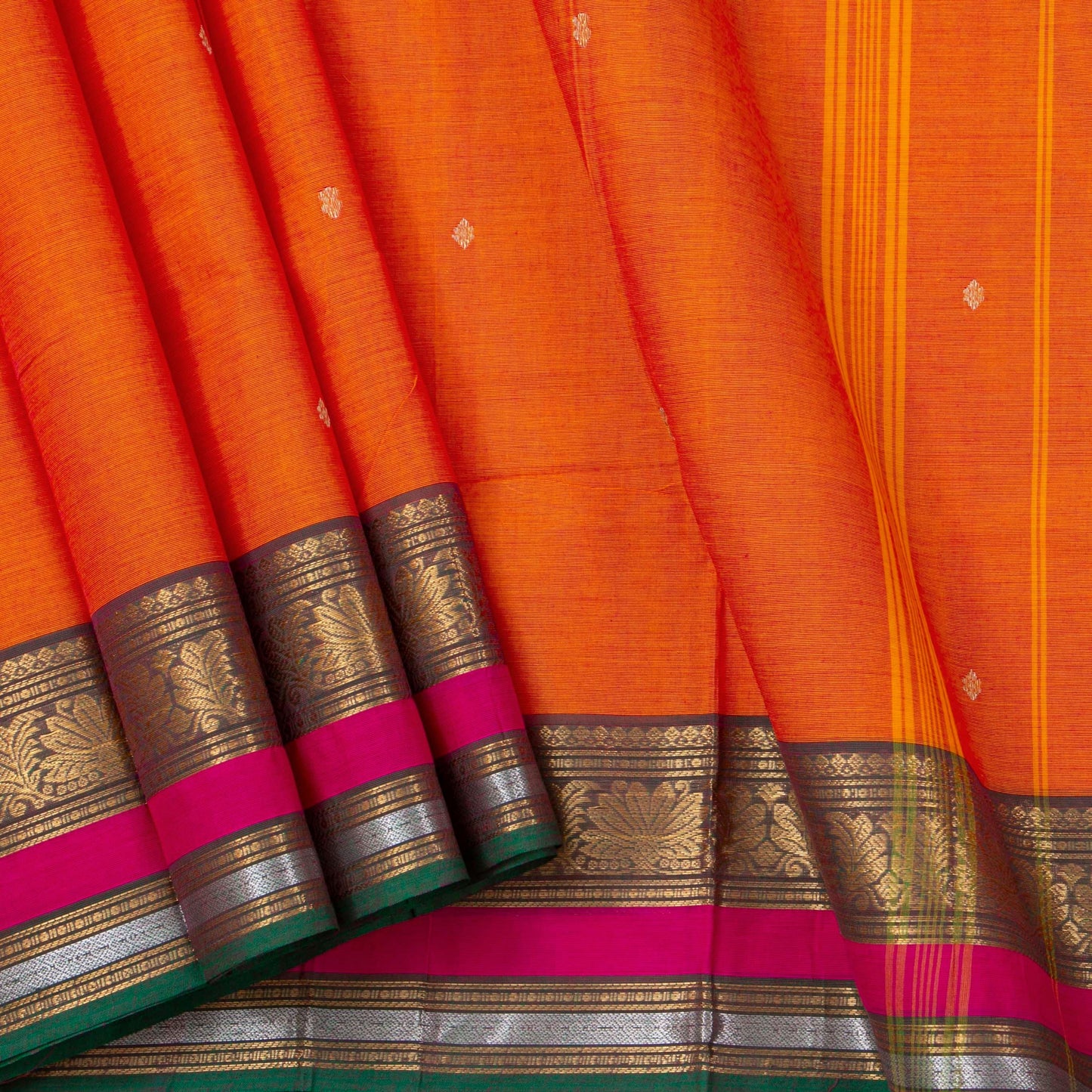 Orange And Green Kanchi Cotton Saree For Festive Wear PV MM KC 581