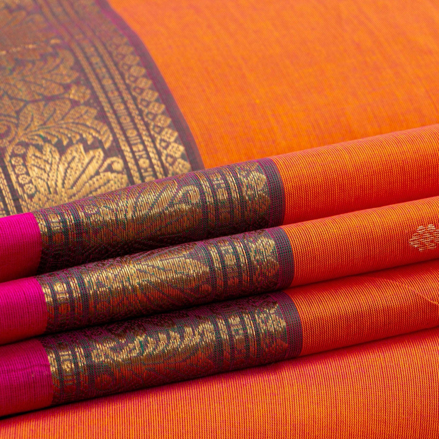 Orange And Green Kanchi Cotton Saree For Festive Wear PV MM KC 581