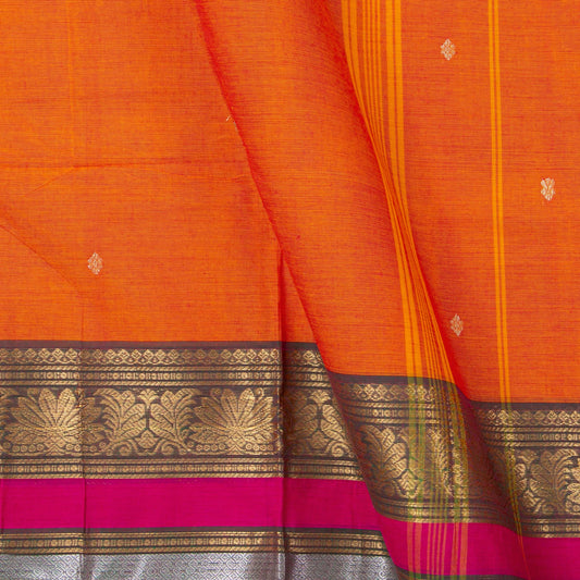 Orange And Green Kanchi Cotton Saree For Festive Wear PV MM KC 581 - Cotton Saree - Panjavarnam PV MM KC 581