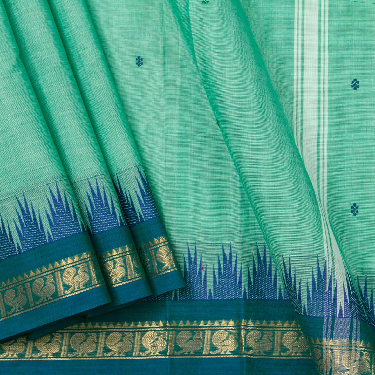 Aqua Blue Kanchi Cotton Saree With Ganga Jamuna Border For Festive Wear PV MM KC 483