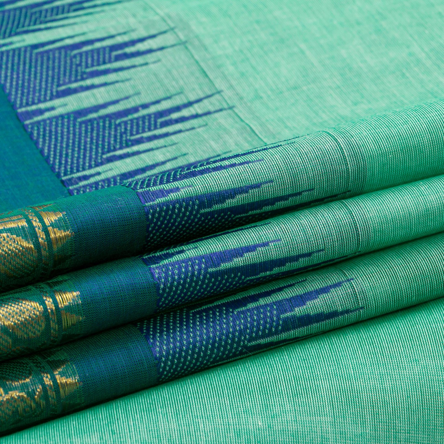 Aqua Blue Kanchi Cotton Saree With Ganga Jamuna Border For Festive Wear PV MM KC 483