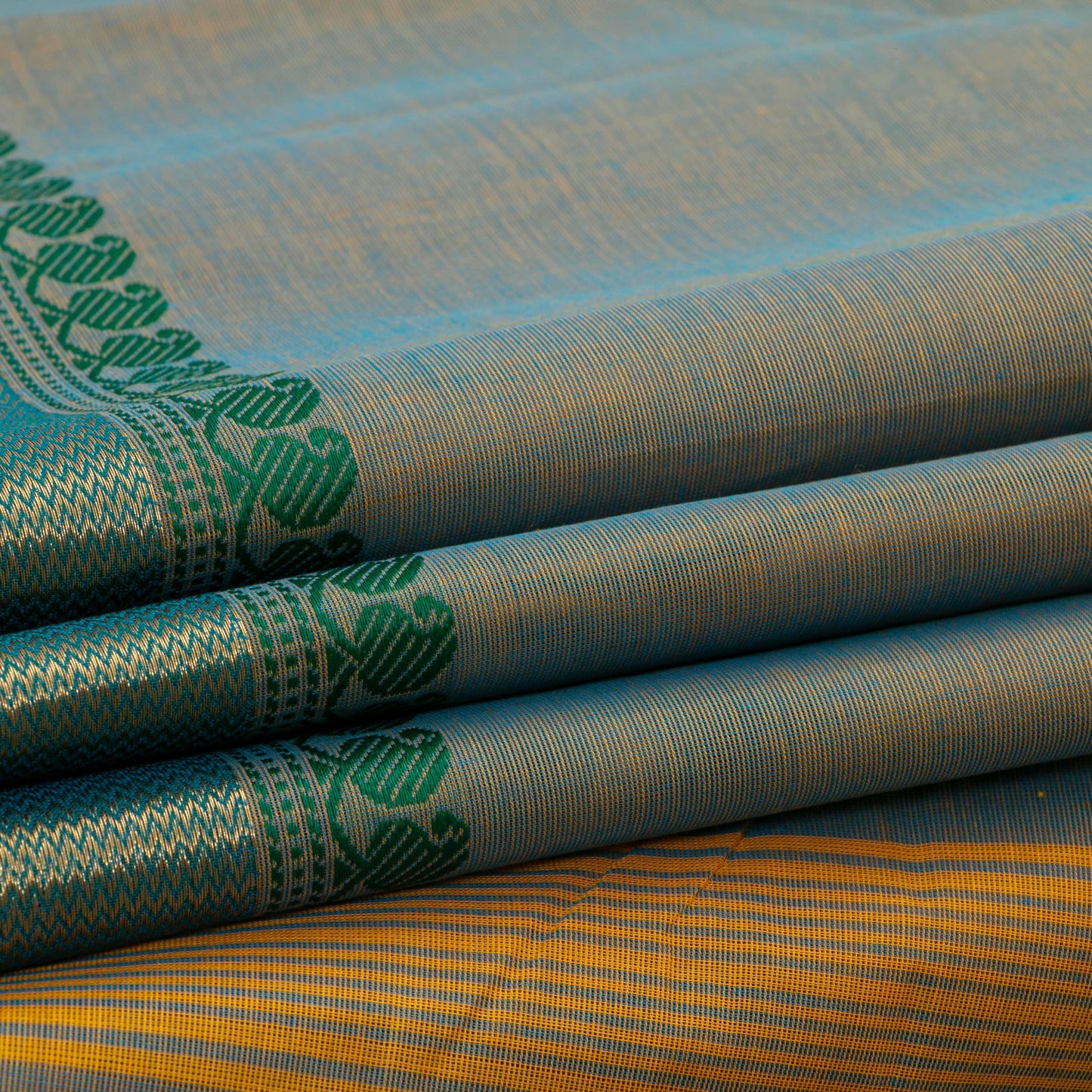 Grey And Green Kanchi Cotton Saree For Festive Wear PV MM KC 496