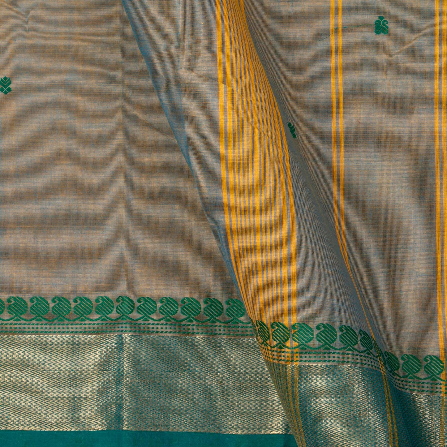 Grey And Green Kanchi Cotton Saree For Festive Wear PV MM KC 496