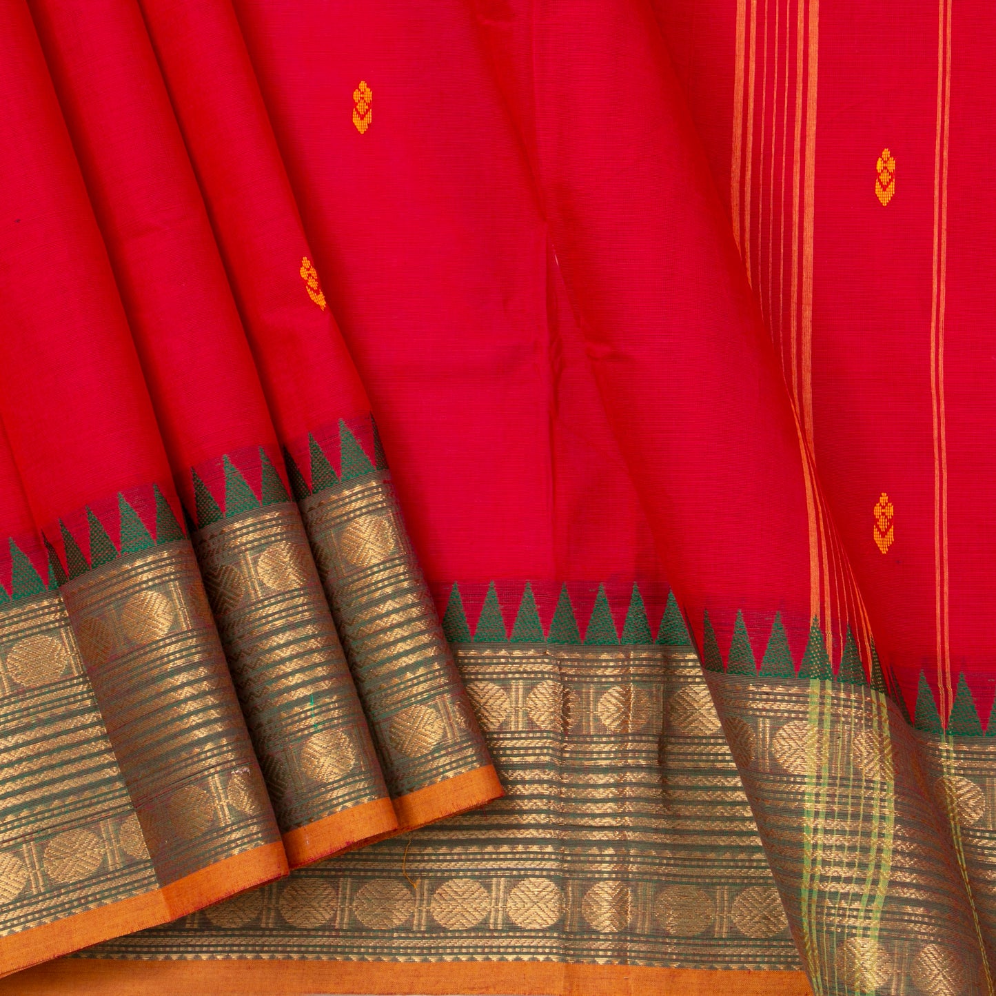 Red And Green Kanchi Cotton Saree For Festive Wear PV MM KC 395