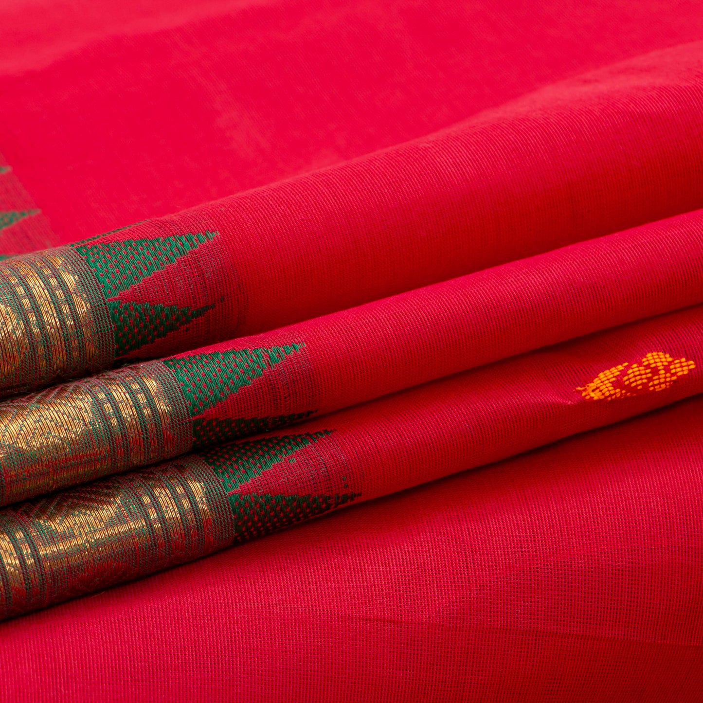 Red And Green Kanchi Cotton Saree For Festive Wear PV MM KC 395