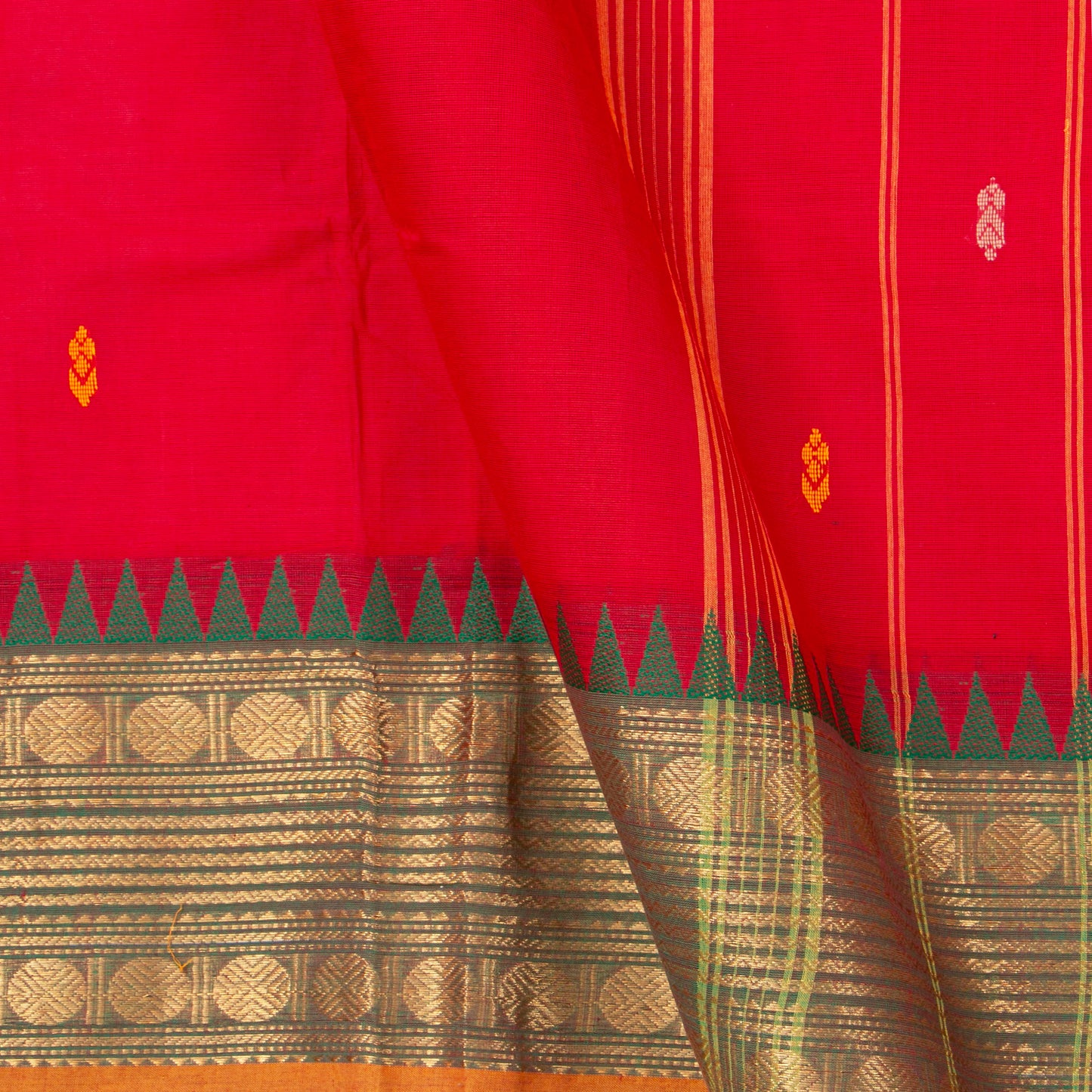 Red And Green Kanchi Cotton Saree For Festive Wear PV MM KC 395