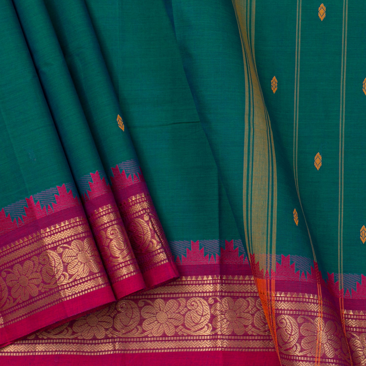 Teal And Pink Kanchi Cotton Saree For Festive Wear PV MM KC 390