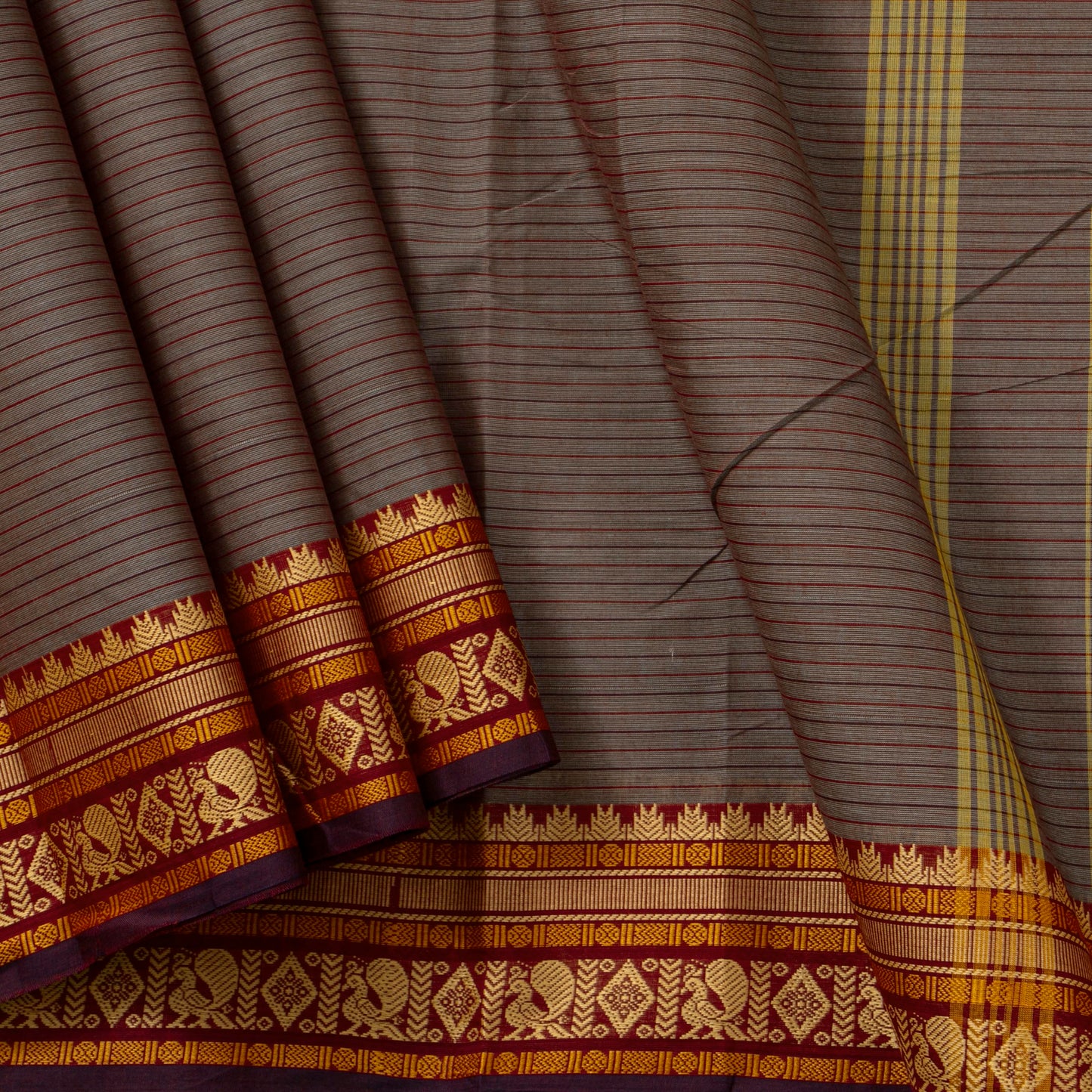 Grey And Maroon Chettinad Cotton Saree PV SK CC 198