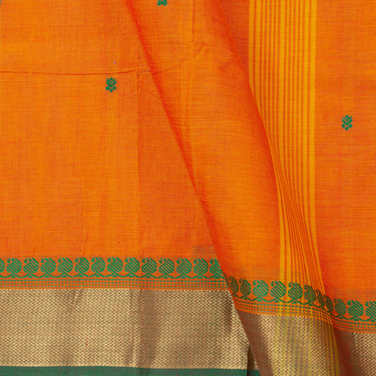 Orange And Green Kanchi Cotton Saree For Festive Wear PV MM KC 449 - Cotton Saree - Panjavarnam PV MM KC 449