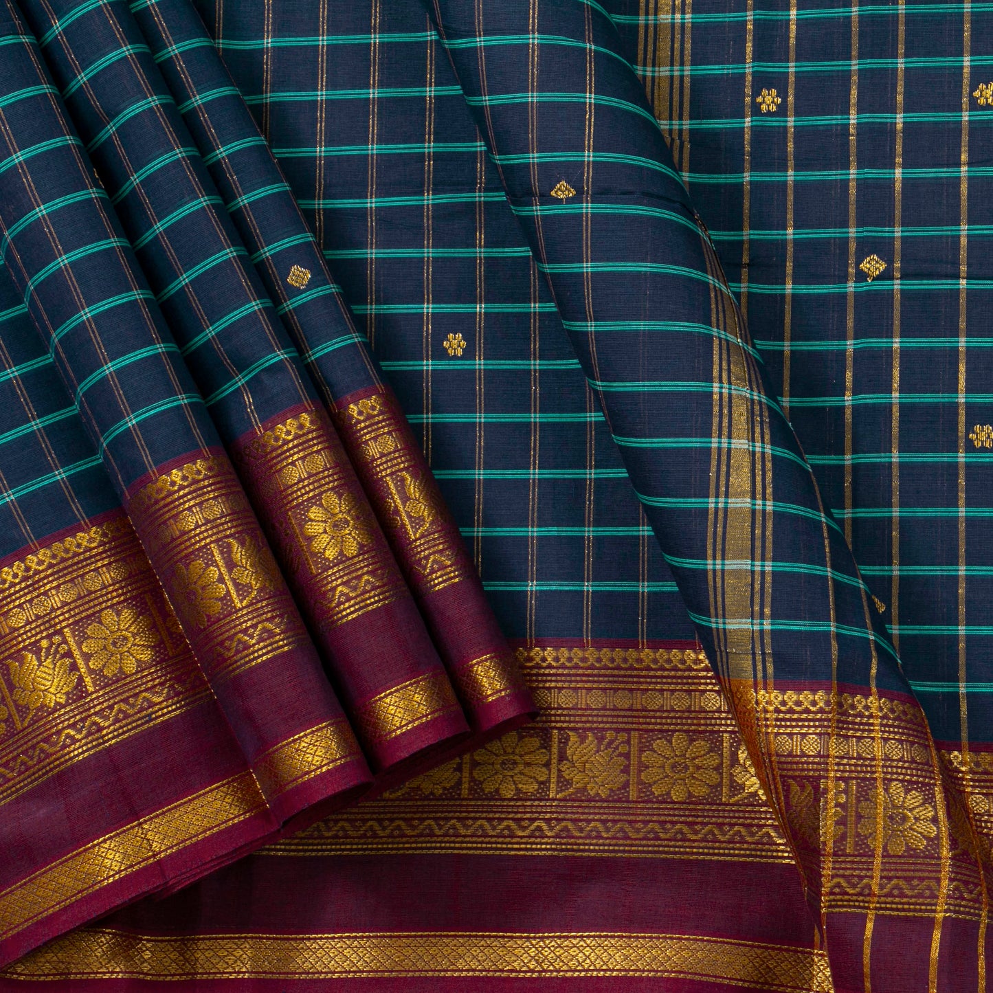 Blue And Maroon Chettinad Cotton Saree PV SK CC 281