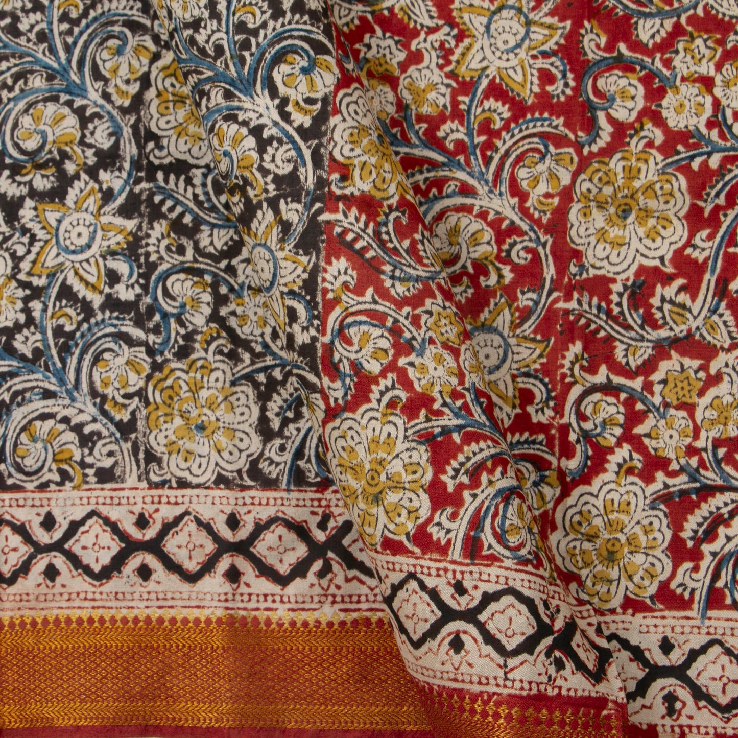 Black Kalamkari Mangalgiri Silk Saree With Zari Border For Office Wear PV MG 106