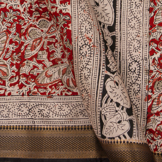 Maroon And Black Kalamkari Mangalgiri Silk Saree With Zari Border For Office Wear PV MG 109