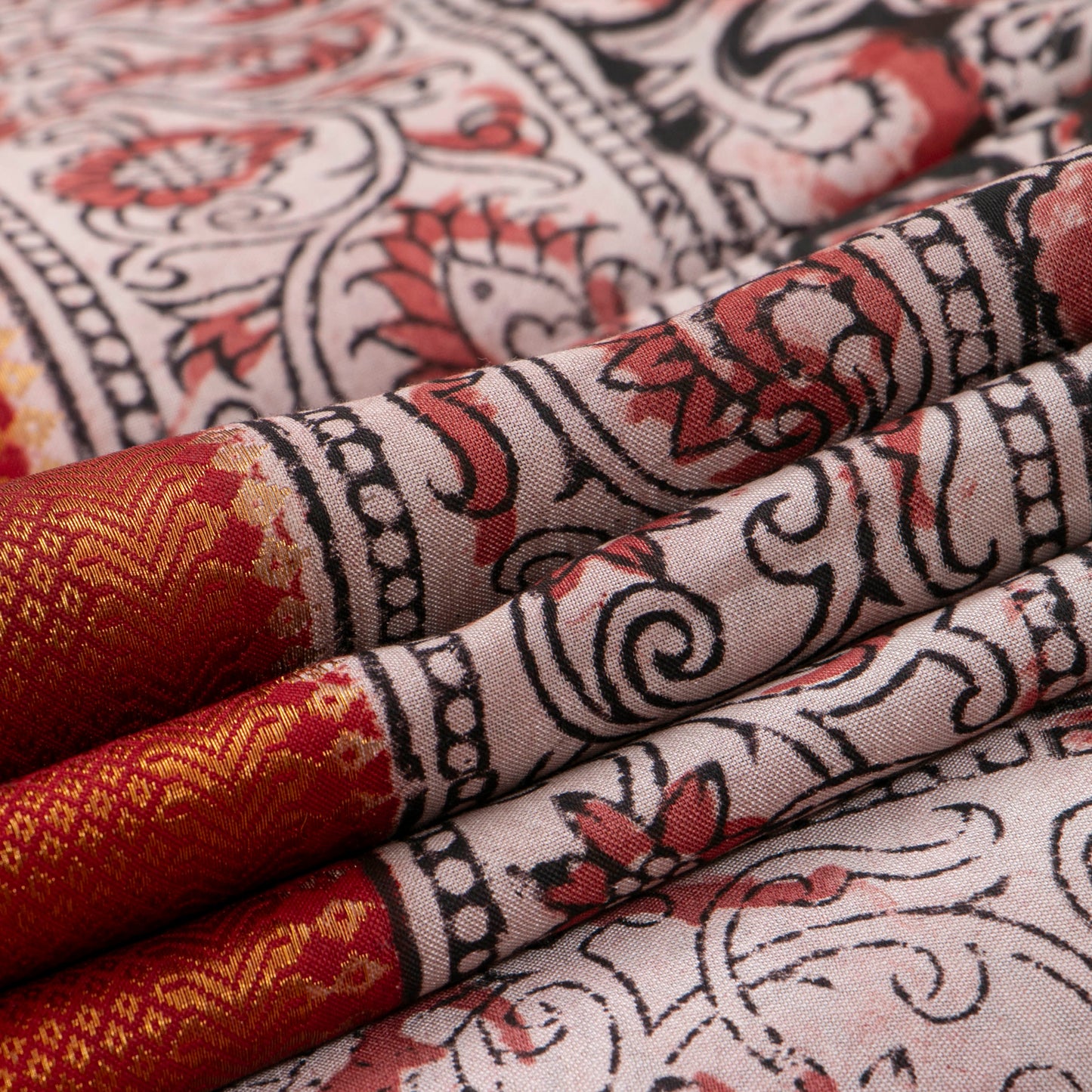 Black And Red Kalamkari Mangalgiri Silk Saree With Zari Border For Office Wear PV MG 110