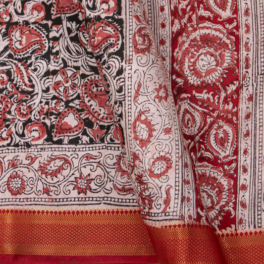 Black And Red Kalamkari Mangalgiri Silk Saree With Zari Border For Office Wear PV MG 110