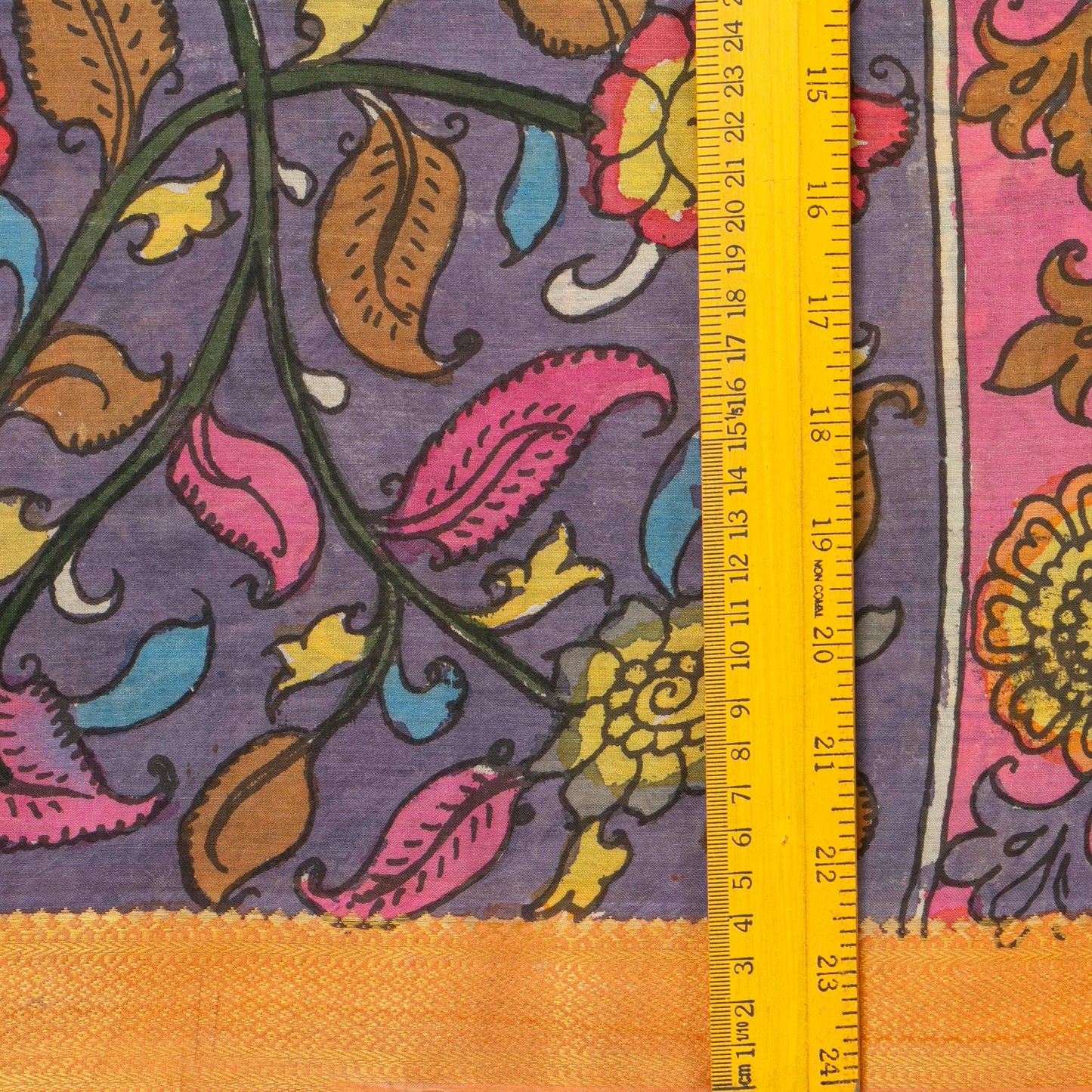 Mauve And Yellow Handpainted Kalamkari Mangalgiri Silk Saree With Zari For Festive Wear PK MS 75