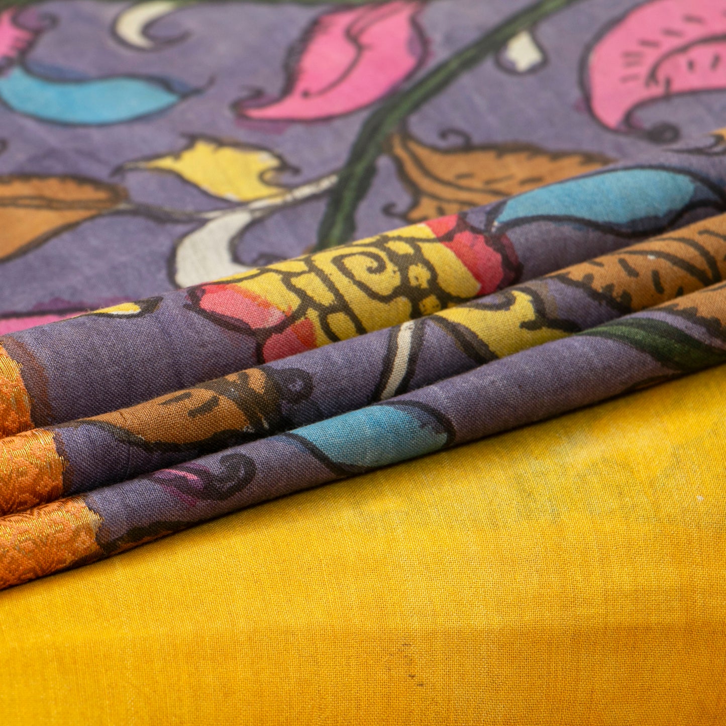 Mauve And Yellow Handpainted Kalamkari Mangalgiri Silk Saree With Zari For Festive Wear PK MS 75