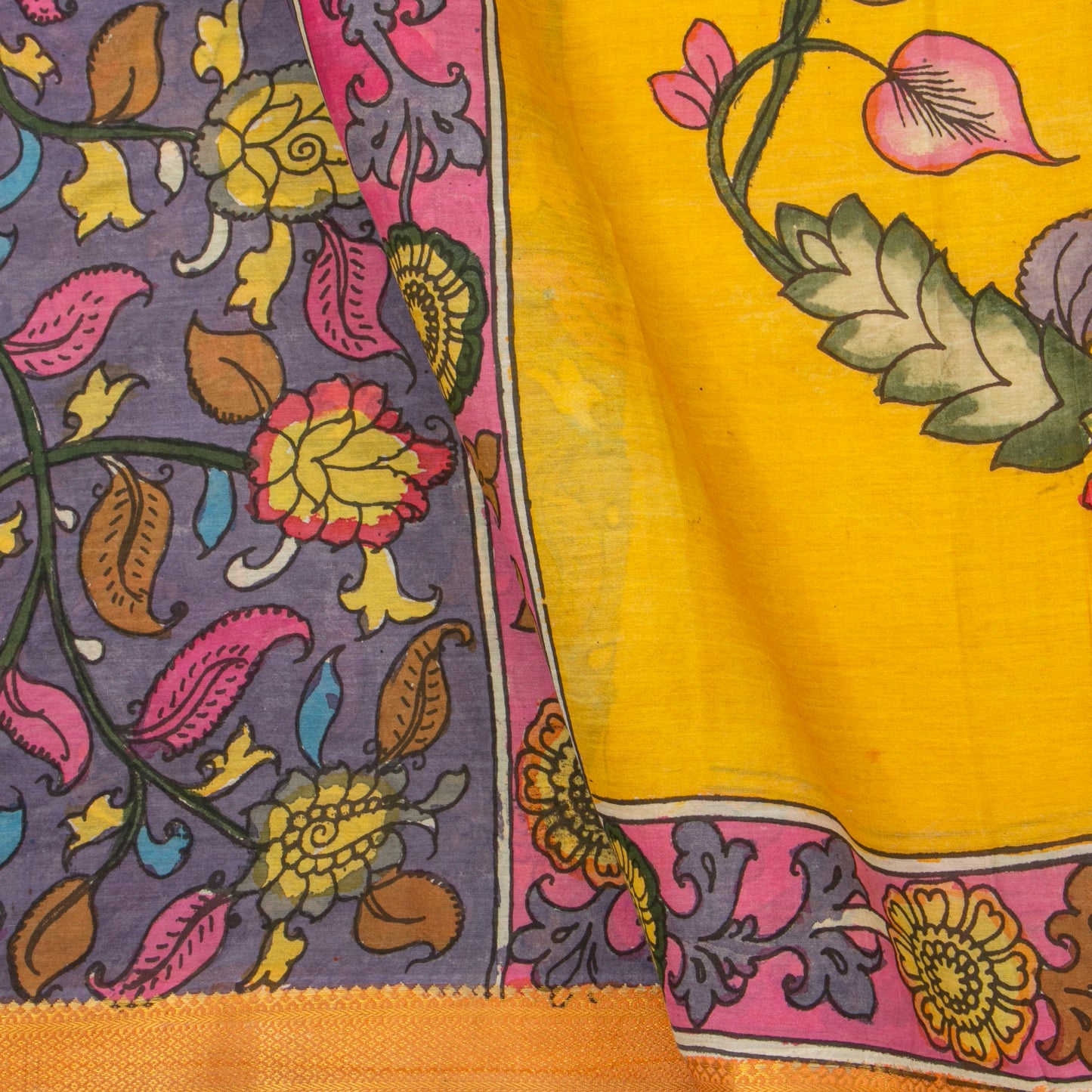 Mauve And Yellow Handpainted Kalamkari Mangalgiri Silk Saree With Zari For Festive Wear PK MS 75