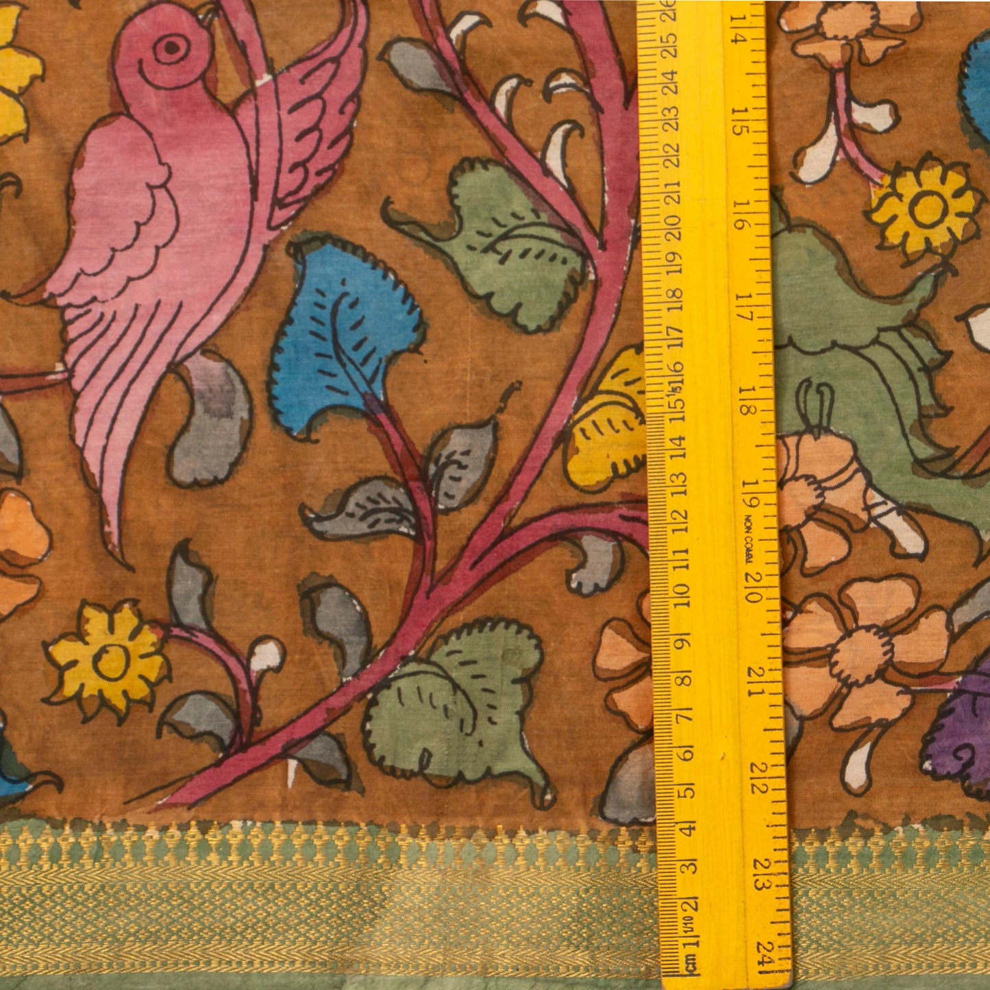Brown And Green Handpainted Kalamkari Mangalgiri Silk Saree With Zari Border For Office Wear PKMS 70