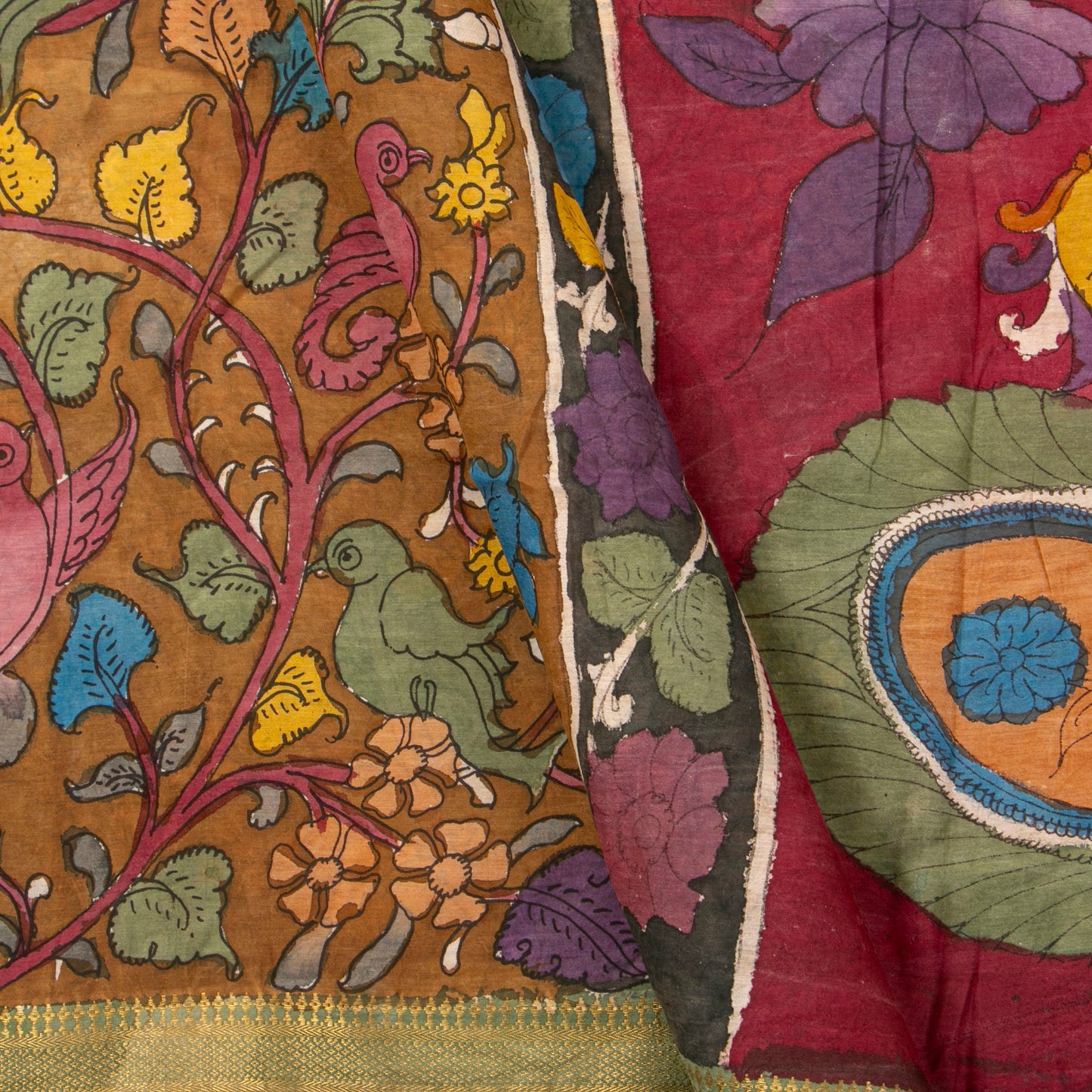 Brown And Green Handpainted Kalamkari Mangalgiri Silk Saree With Zari Border For Office Wear PKMS 70