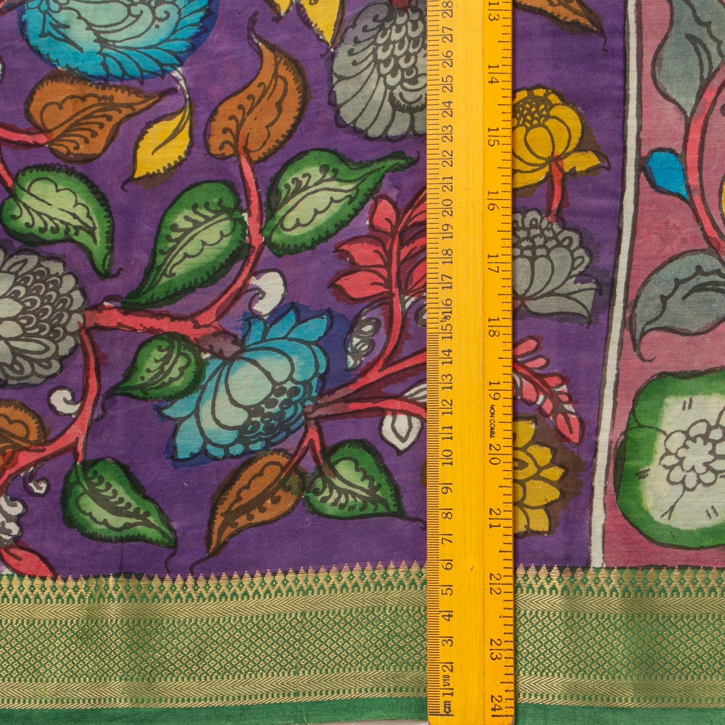 Purple And Green Handpainted Kalamkari Mangalgiri Silk Saree With Zari Border For Festive Wear PK MS 71