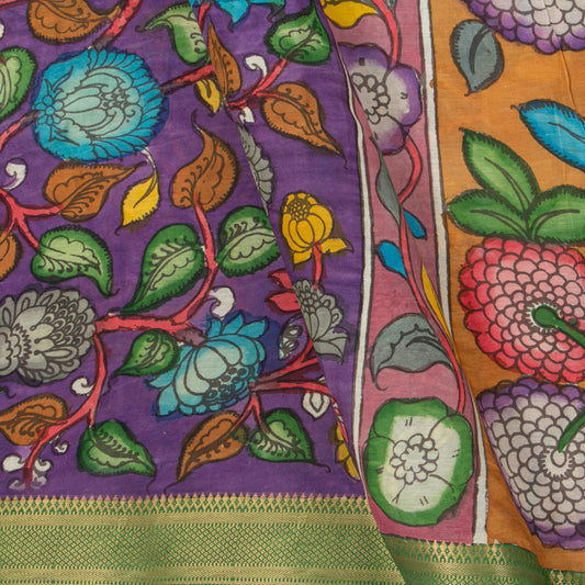 Purple And Green Handpainted Kalamkari Mangalgiri Silk Saree With Zari Border For Festive Wear PK MS 71