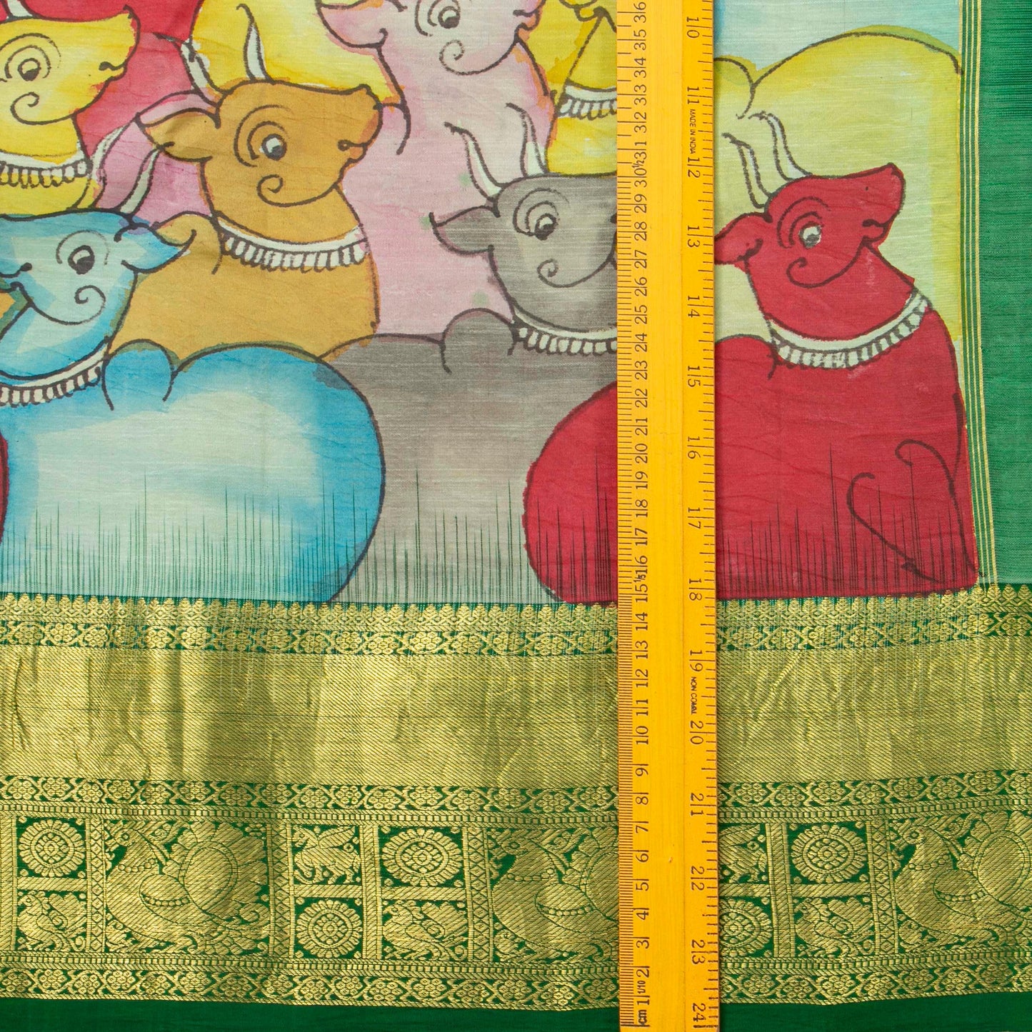 Aqua Blue And Green Handpainted Kalamkari Kanchipuram Silk Saree For Festive Wear SRK KK 107