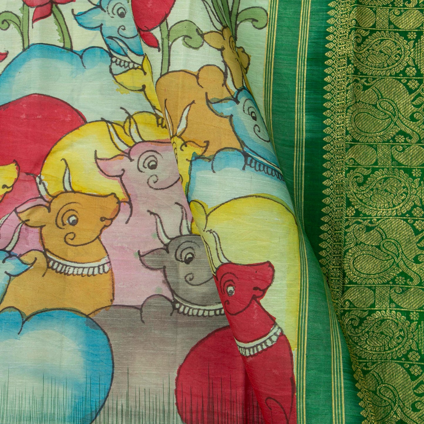 Aqua Blue And Green Handpainted Kalamkari Kanchipuram Silk Saree For Festive Wear SRK KK 107