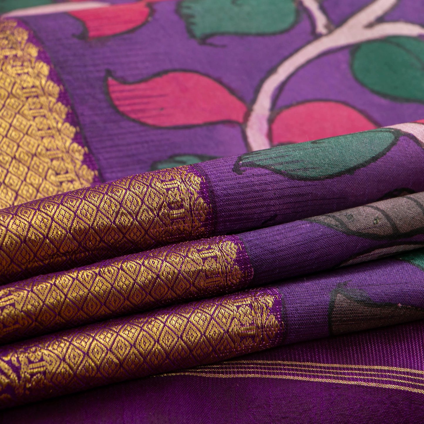 Purple Handpainted Kalamkari Kanchipuram Silk Saree For Festive Wear SRK KK 109
