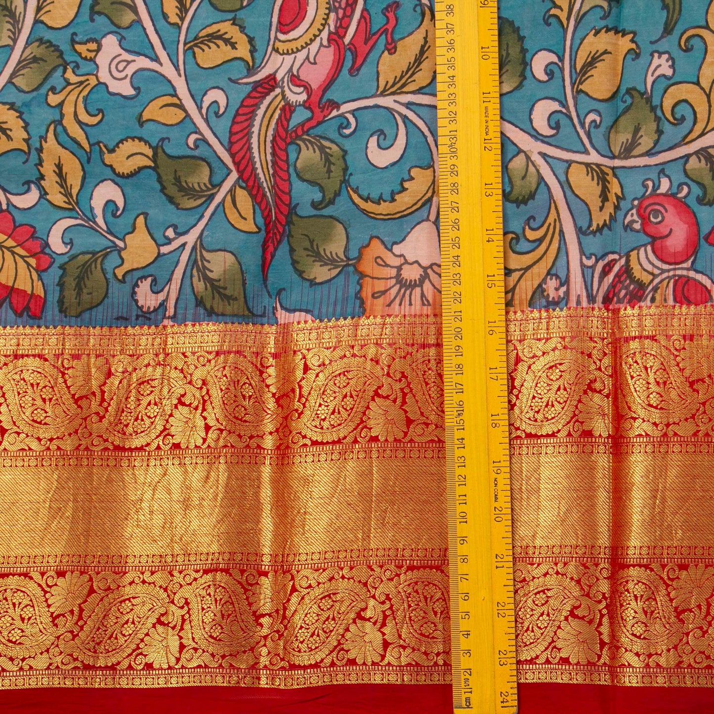 Blue And Red Handpainted Kalamkari Kanchipuram Silk Saree For Festive Wear SRK KK 108