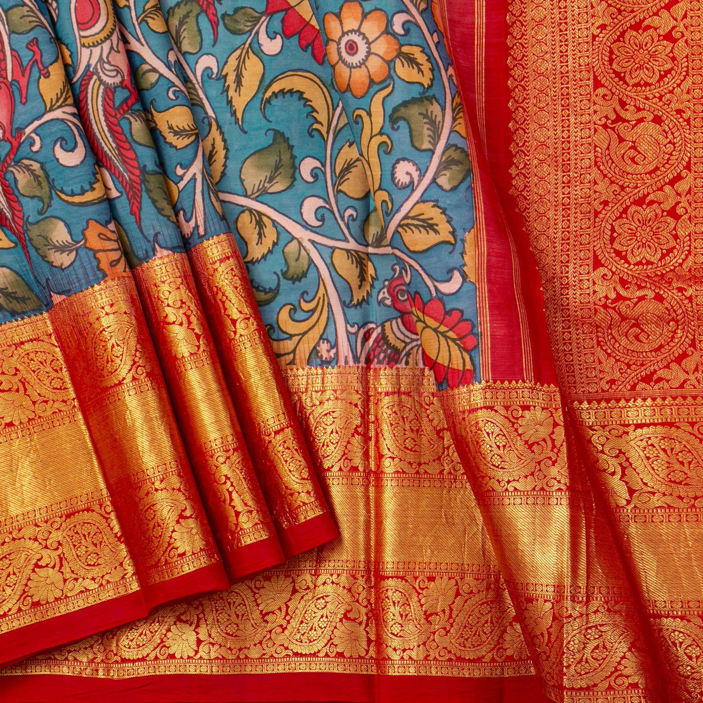 Blue And Red Handpainted Kalamkari Kanchipuram Silk Saree For Festive Wear SRK KK 108