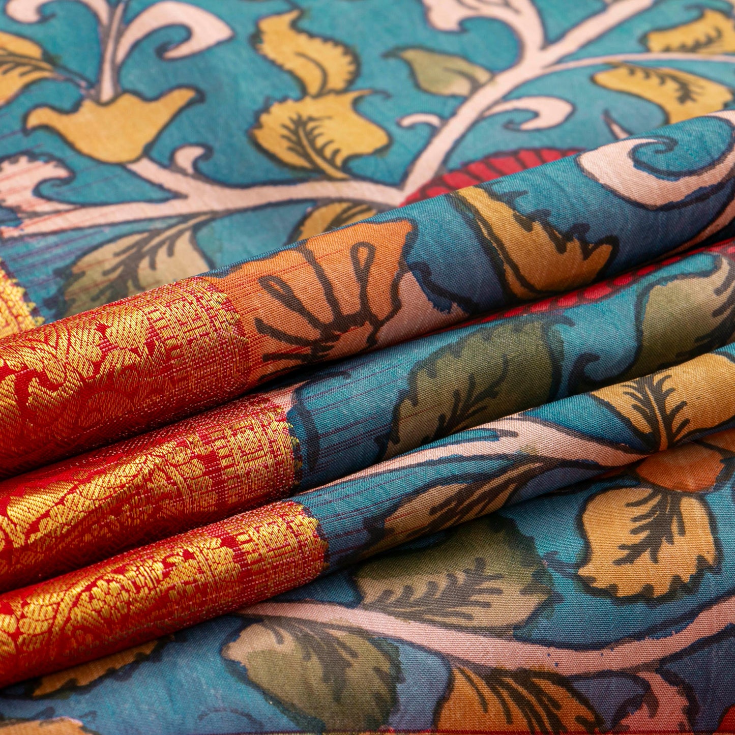 Blue And Red Handpainted Kalamkari Kanchipuram Silk Saree For Festive Wear SRK KK 108