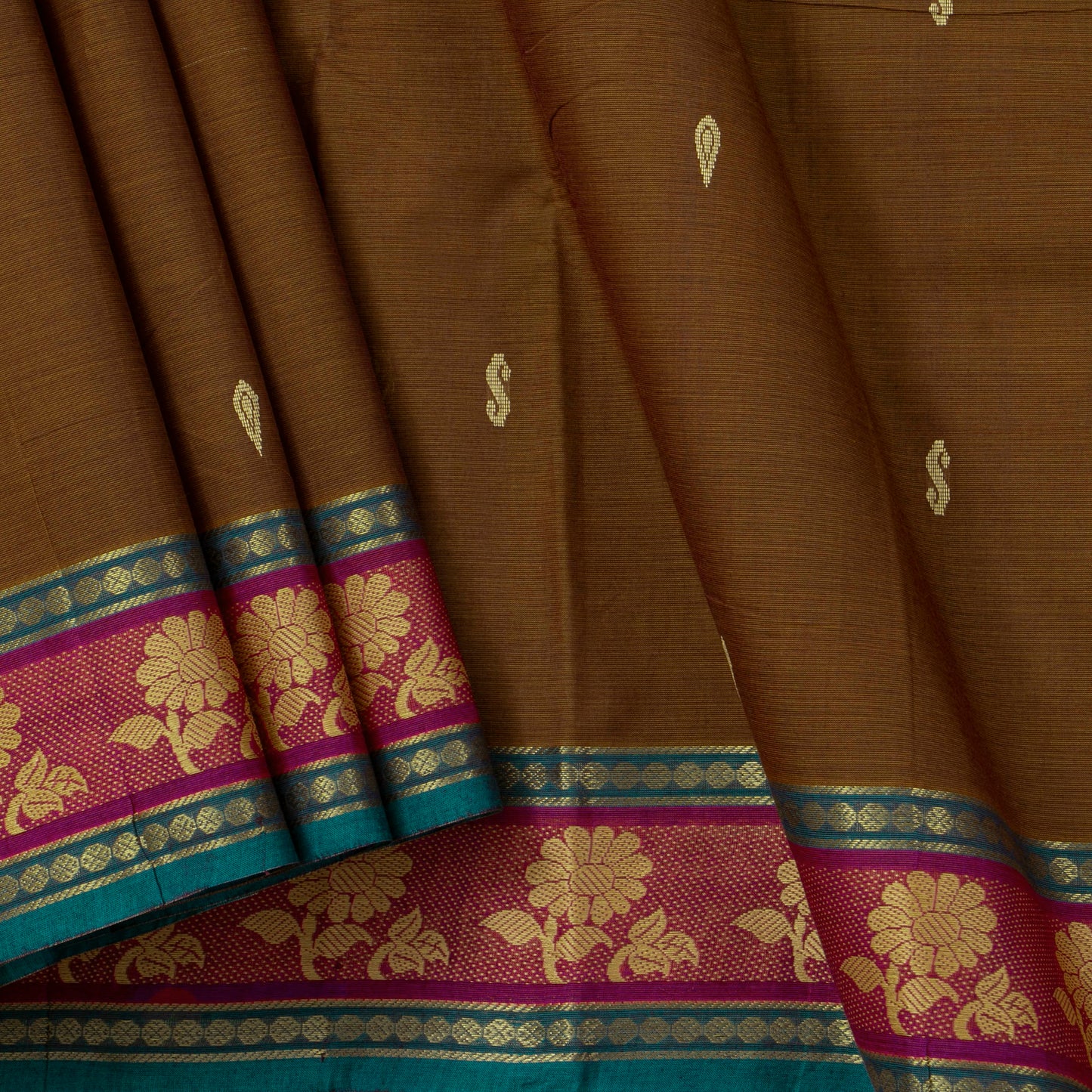 Brown And Blue Chettinad Cotton Saree PV SK CC 244