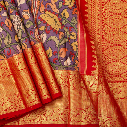 Mauve And Red Handpainted Kalamkari Kanchipuram Silk Saree For Festive Wear SRK KK 106