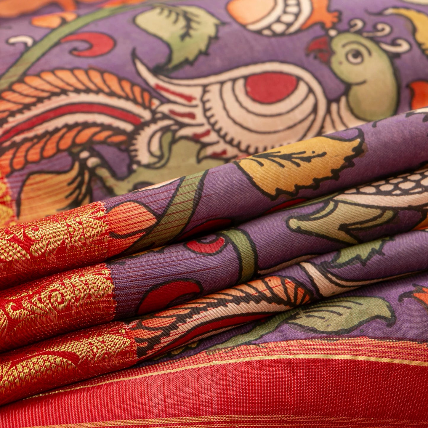 Mauve And Red Handpainted Kalamkari Kanchipuram Silk Saree For Festive Wear SRK KK 106