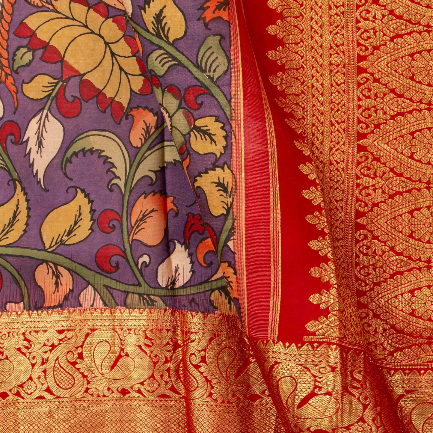 Mauve And Red Handpainted Kalamkari Kanchipuram Silk Saree For Festive Wear SRK KK 106