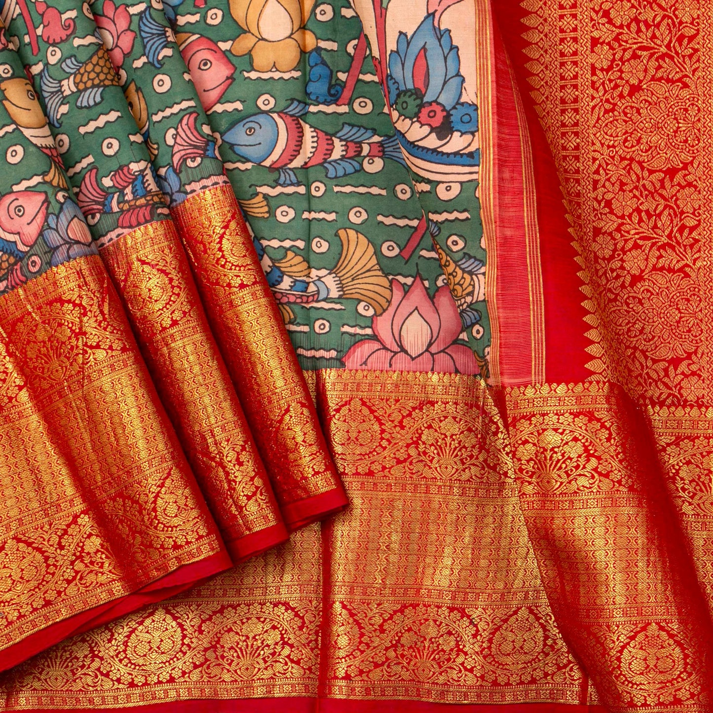 Pastel Pink And Red Handpainted Kalamkari Kanchipuram Silk Saree For Festive Wear SRK KK 110