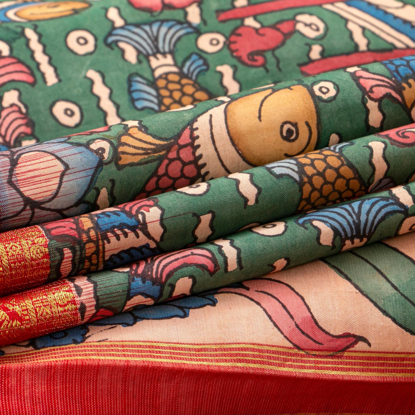 Pastel Pink And Red Handpainted Kalamkari Kanchipuram Silk Saree For Festive Wear SRK KK 110