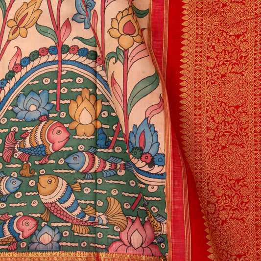 Pastel Pink And Red Handpainted Kalamkari Kanchipuram Silk Saree For Festive Wear SRK KK 110