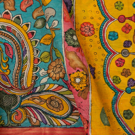 Blue And Pink Handpainted Kalamkari Mangalgiri Silk Saree With Zari Border For Festive Wear PK MS 73